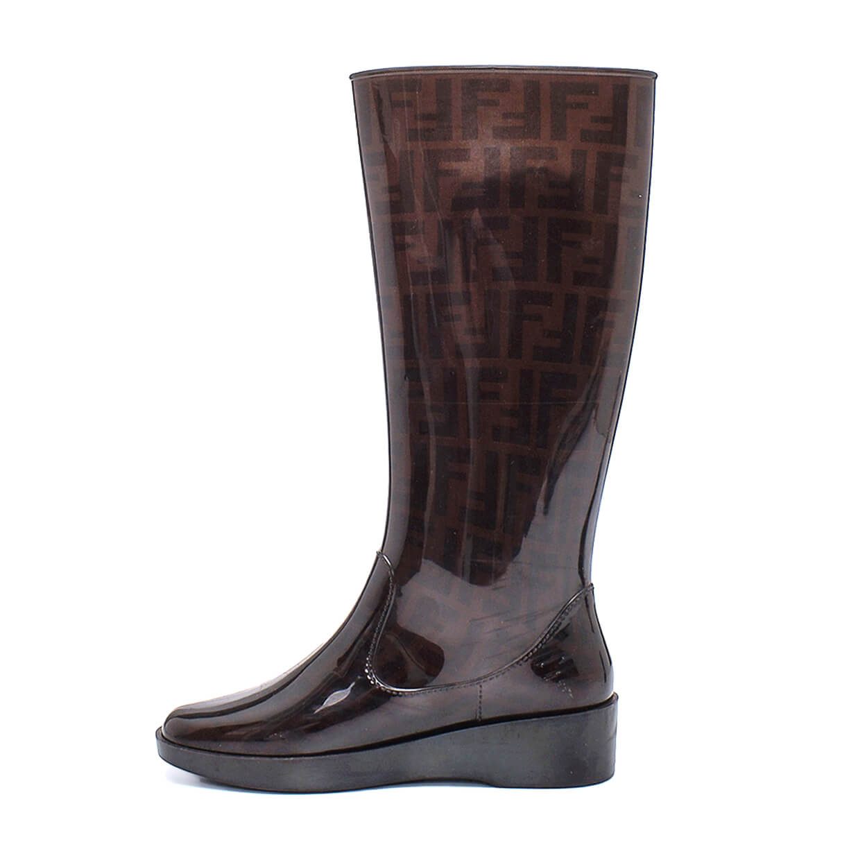 Fendi - Brown Rubber Zucca Wedge Rain Boots